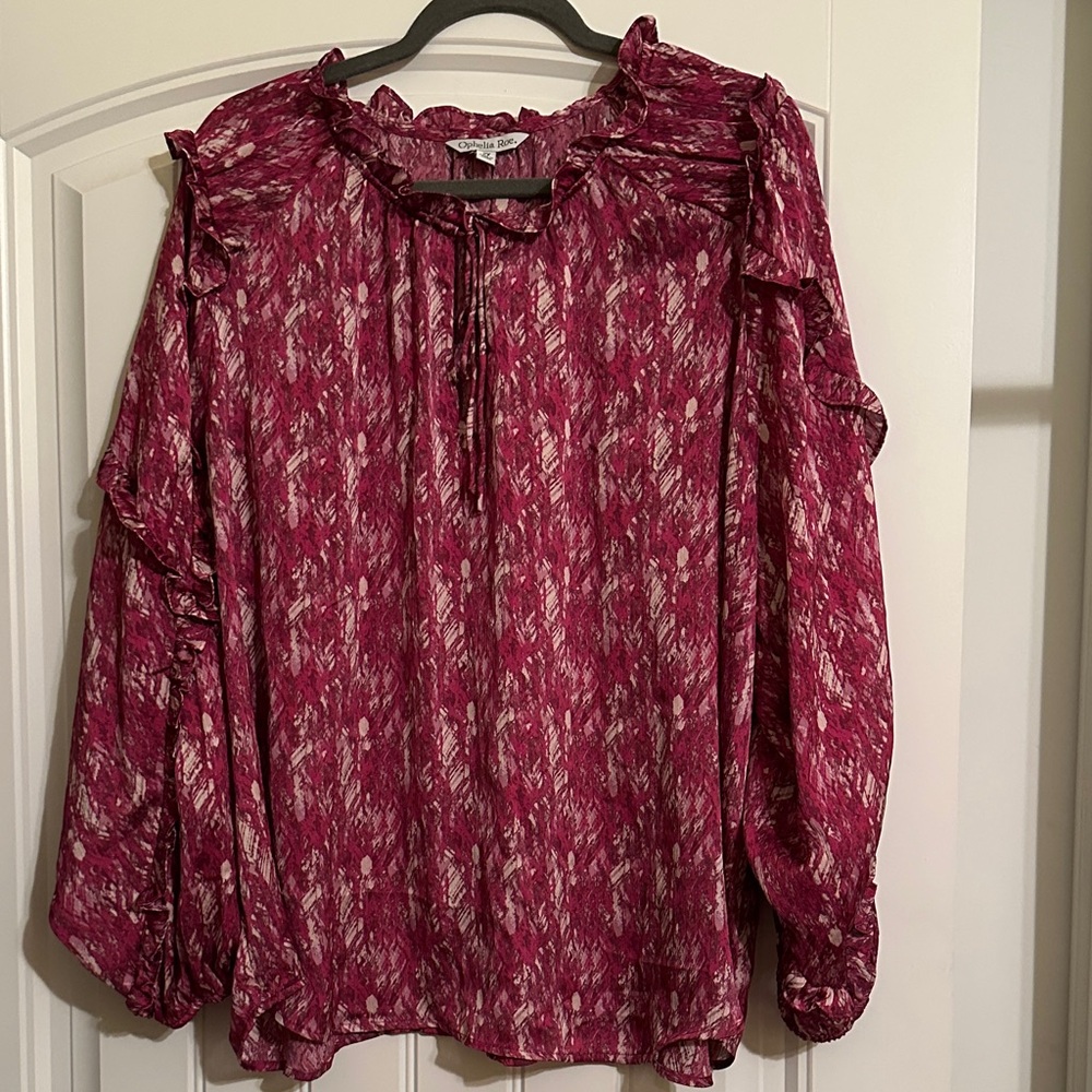 Size 2X Ophelia Roe Women's Pink Sheer Patterned Ruffled Sleeve Blouse